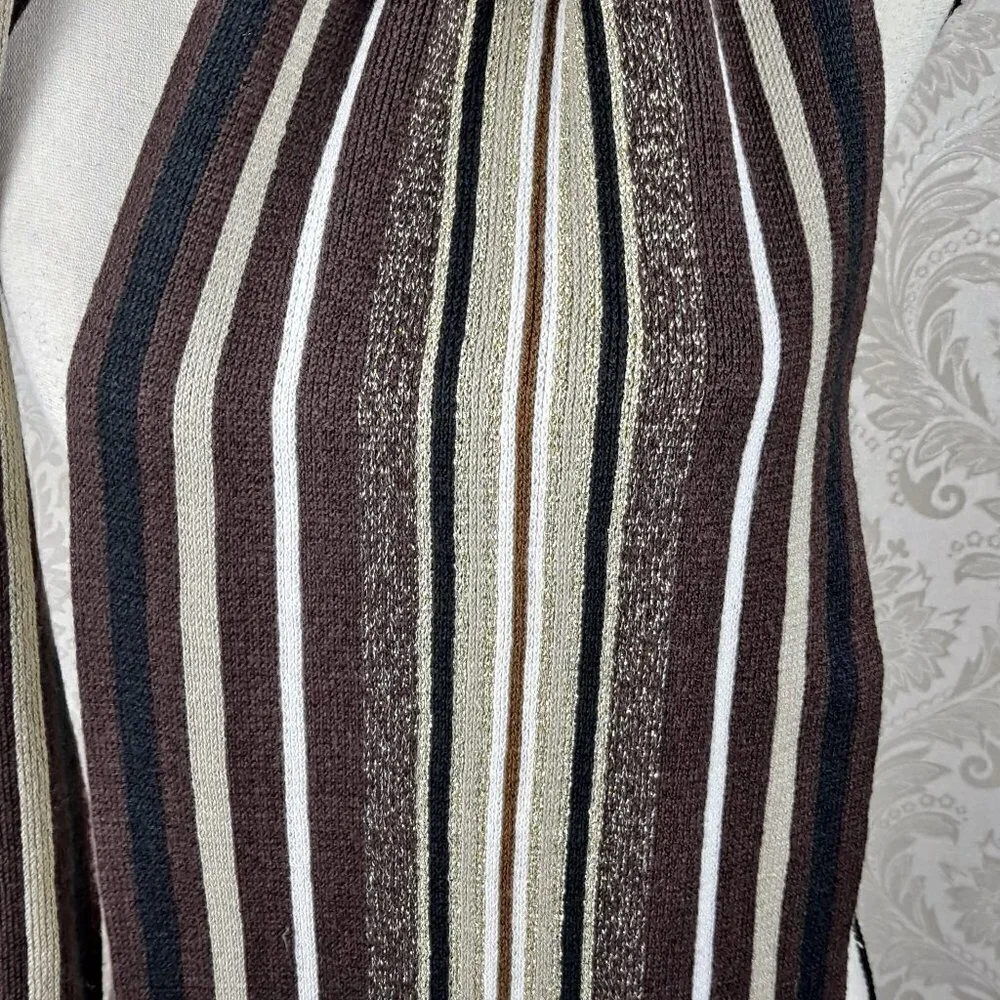 Knit Scarf Chocolate Brown/Cream/Black/Metallic Gold Stripes Fringed EUC